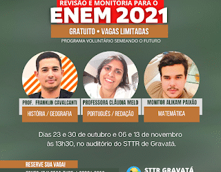 Sindicato rural de Gravatá lança aulas e monitoria gratuitas para o Enem 2021