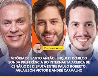 Vitória de Santo Antão: enquete do blog sonda preferência do internauta acerca de cenário de disputa entre Paulo Roberto, Aglailson Victor e André Carvalho