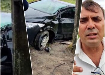 Veículo de empresário e candidato a vereador em Gravatá derrapa na BR-232 e colide com poste