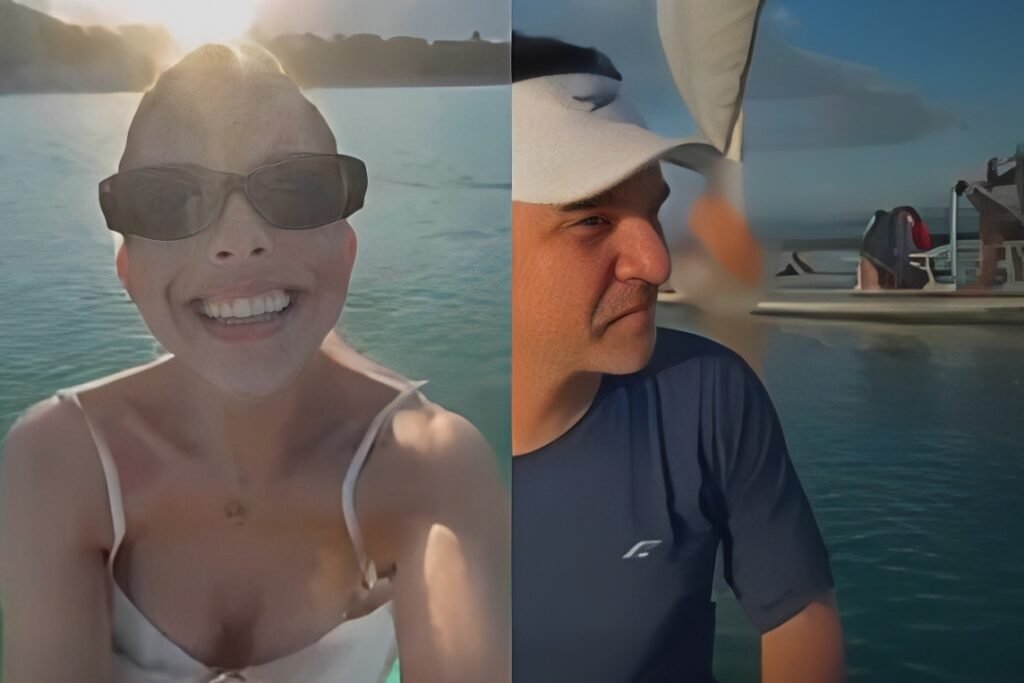 Maria Eduarda “Duda” Medeiros e o médico Seráfico Júnior aparecem em foto dividida verticalmente durante passeio no mar, antes do naufrágio ocorrido na região de Suape, em Pernambuco.