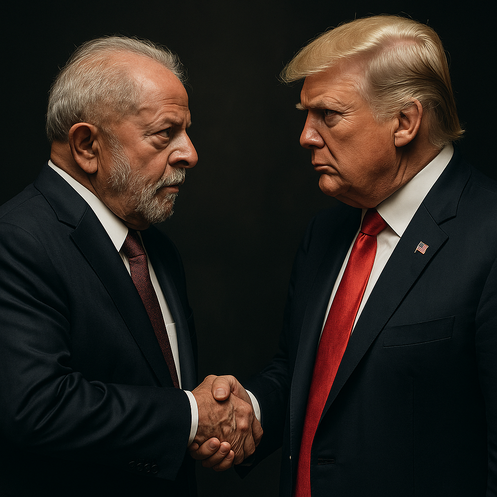 Representação artística gerada por Inteligência Artificial mostrando um aperto de mão entre o presidente Lula e Donald Trump. A cena possui iluminação dramática e tons sóbrios, simbolizando os bastidores da diplomacia entre Brasil e Estados Unidos na ONU.