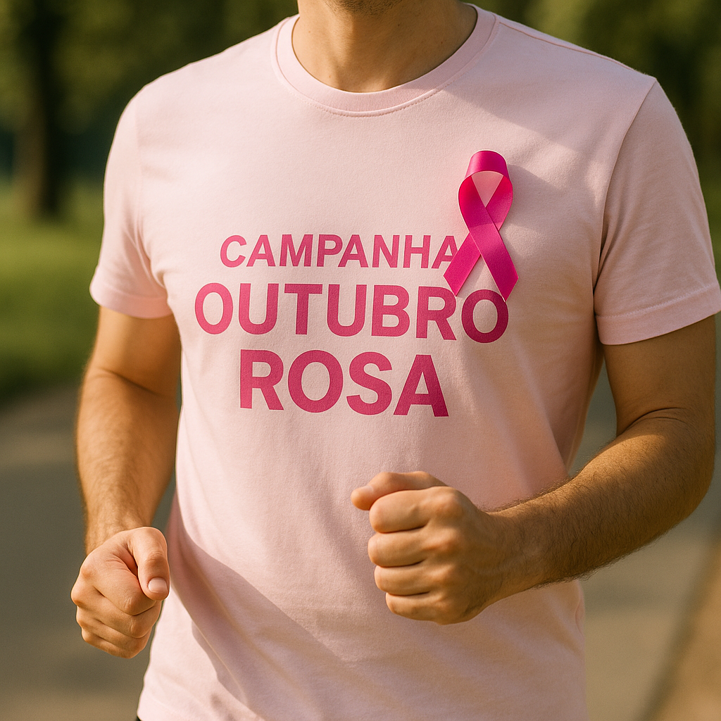 Pessoa vestida com camisa rosa da campanha Outubro Rosa durante caminhada de conscientização sobre o câncer de mama.