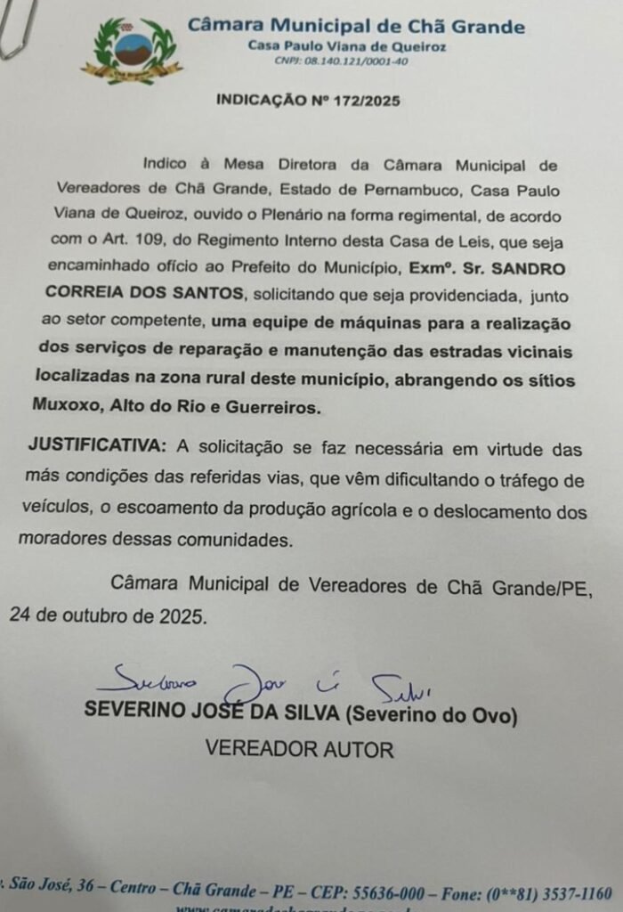 Requerimento do vereador Severino do Ovo aprovado pela Câmara de Chã Grande