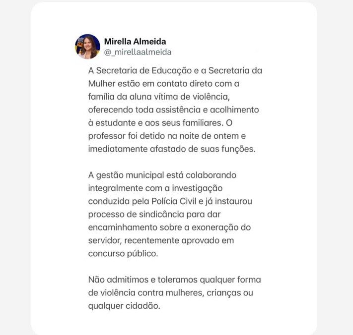Prefeita Mirella Almeida se posiciona sobre o crime de estupro em escola pública municipal de Olinda