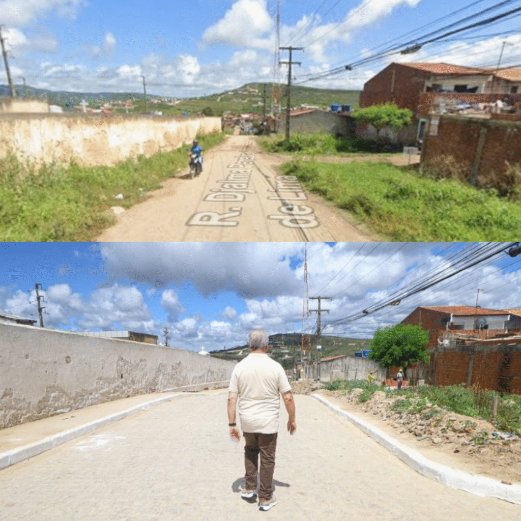 Antes e depois da Rua do Bar da Salada, no Bairro do Cruzeiro, em Gravatá, durante visita do prefeito Joselito Gomes às obras de pavimentação.