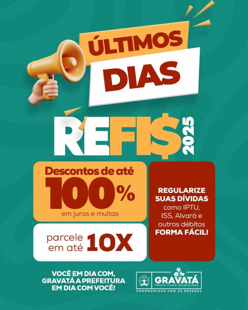 Imagem ilustrando o refis 2025 em gravatá com elementos de finanças municipais, boletos e referência ao atendimento para regularização de débitos