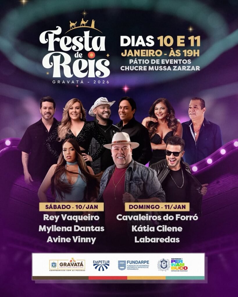 Festa de Reis 2026 em Gravatá com shows de Cavaleiros do Forró, Rey Vaqueiro e Myllena Dantas