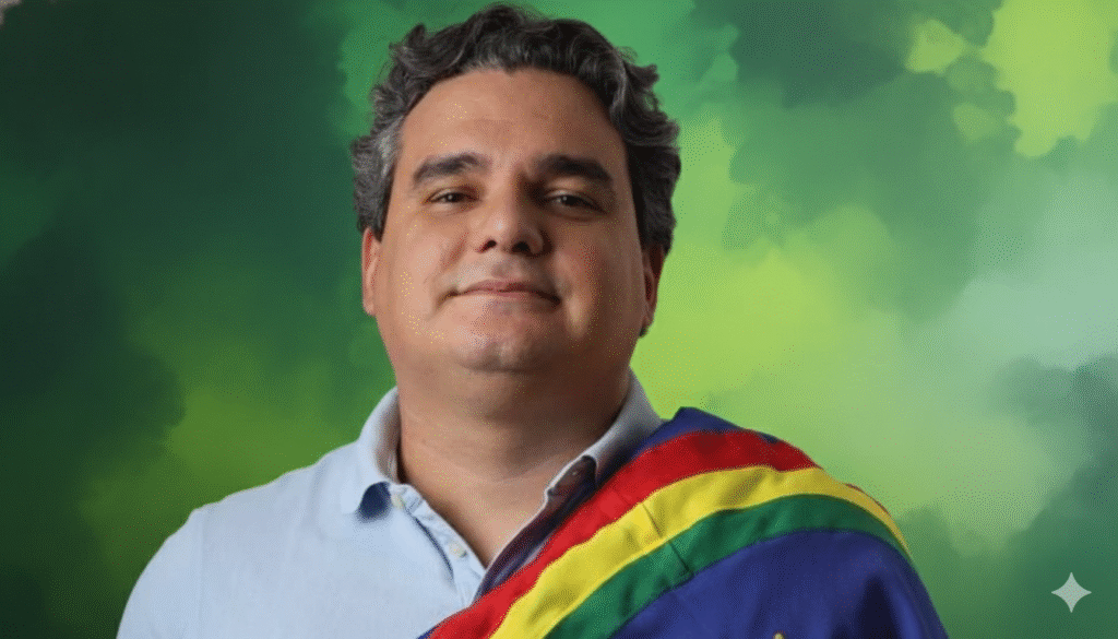 Retrato do empresário Moacir Bezerra Filho, pré-candidato à Alepe pelo PV, com iluminação profissional e fundo em tons de verde moderno. O pré-candidato natural de Garanhuns aparece em pose de liderança, simbolizando a renovação política em Pernambuco.