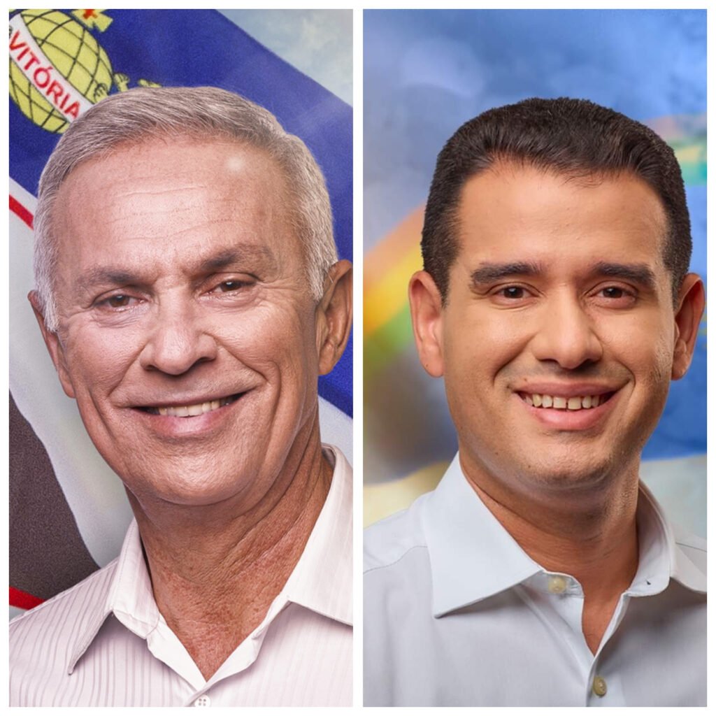 Colagem com os rostos do prefeito Paulo Roberto e do deputado estadual Joaquim Lira, lideranças políticas rivais em Vitória de Santo Antão.