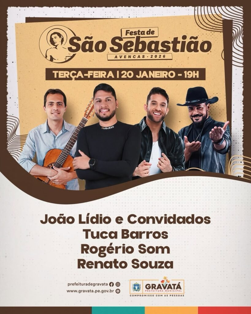 Cartaz informativo com a lista de shows da Festa de São Sebastião em Avencas, Gravatá, destacando os artistas Rogério Som e Renato Souza.