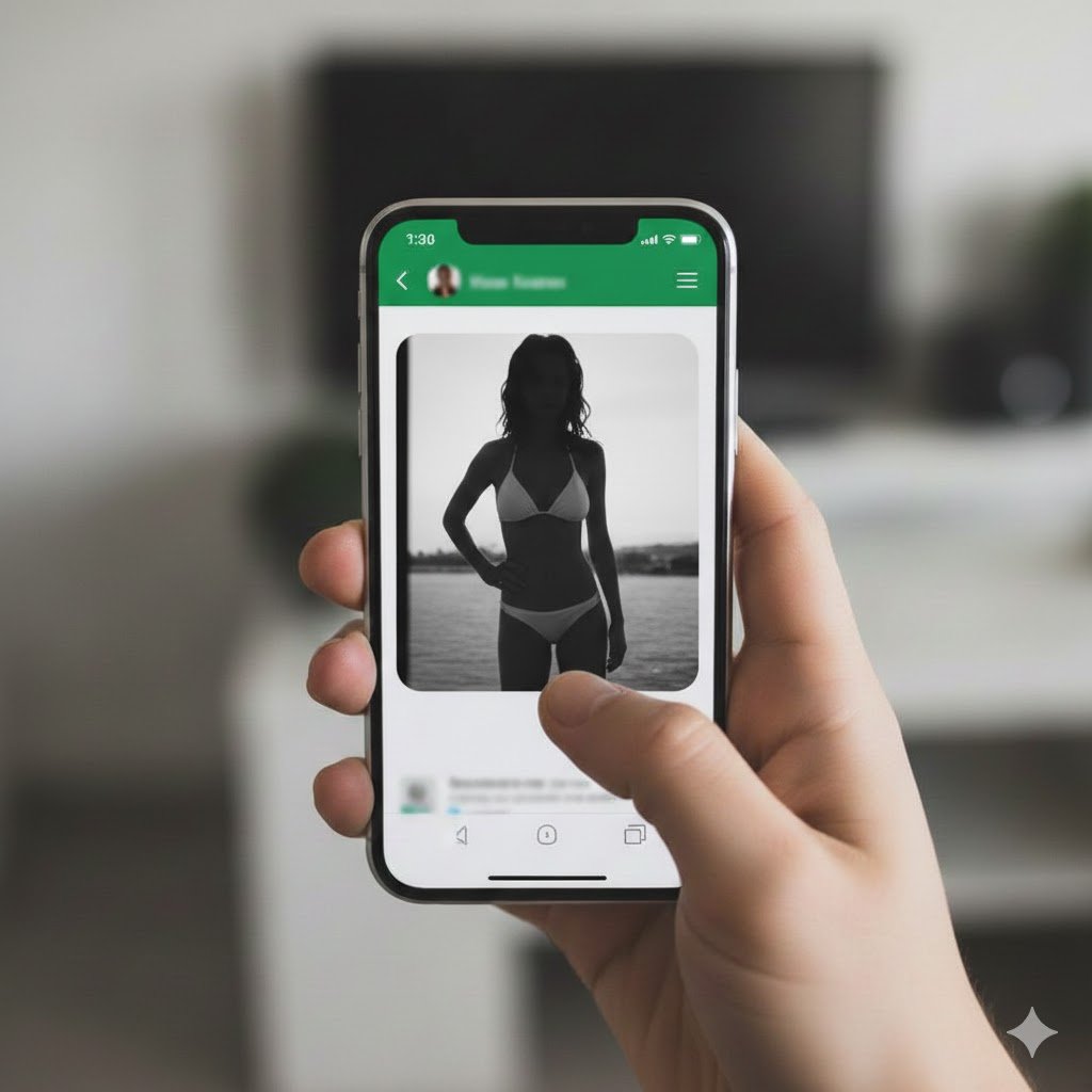 Imagem ilustrativa de uma mão segurando celular com conversa de WhatsApp aberta exibindo a silhueta de uma mulher prestes a ser compartilhada como foto íntima.