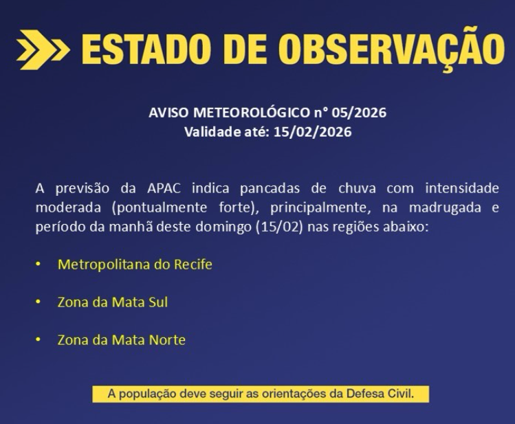 Imagem de alerta meteorológico da APAC publicada nas redes sociais informando estado de observação para chuva em Pernambuco