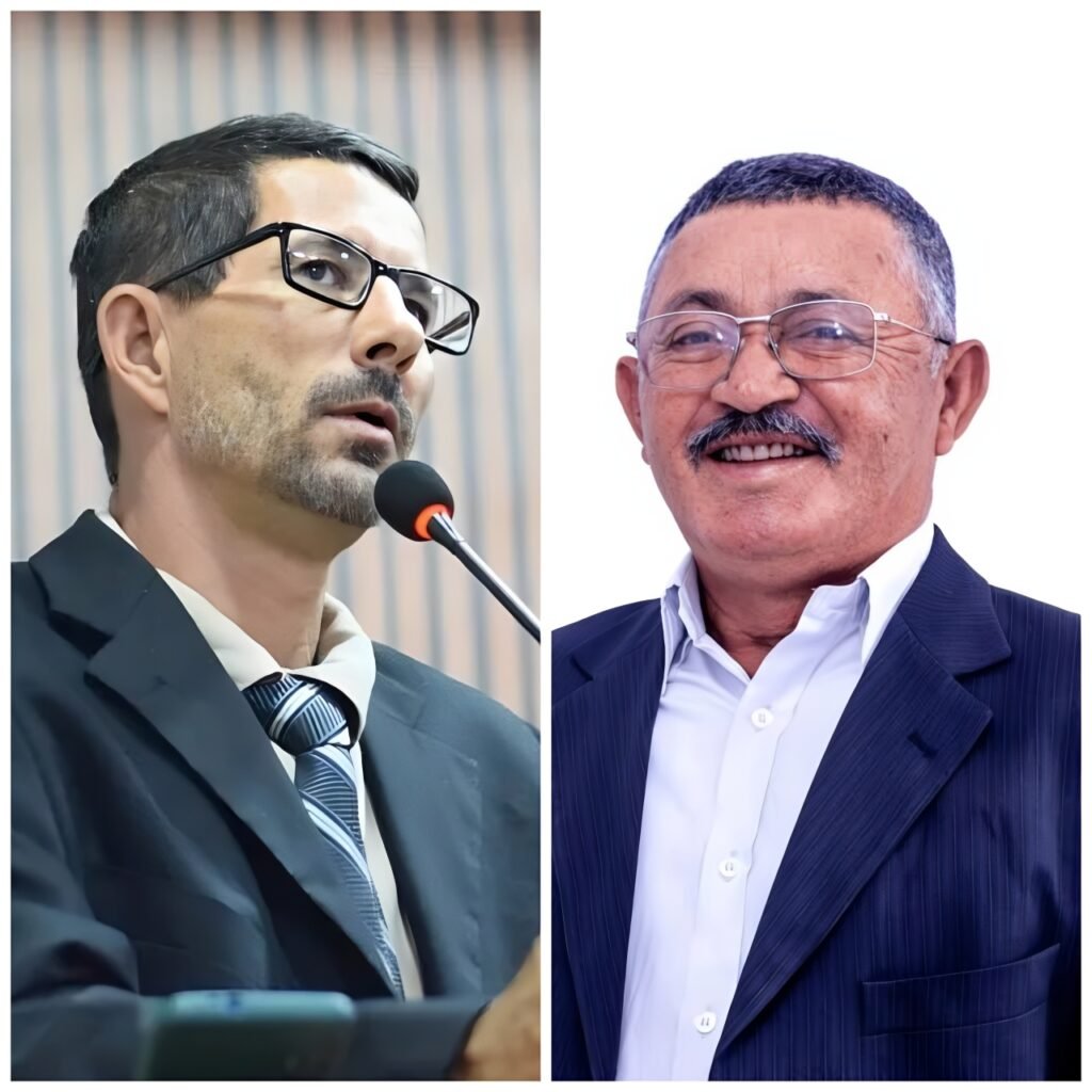 Montagem fotográfica dividida ao meio apresentando o vereador Ninho Mototáxi à esquerda e o ex-vereador e atual secretário Zé Pedreiro à direita, em destaque para a notícia da propositura da Comenda José Pereira Lins em Chã Grande.