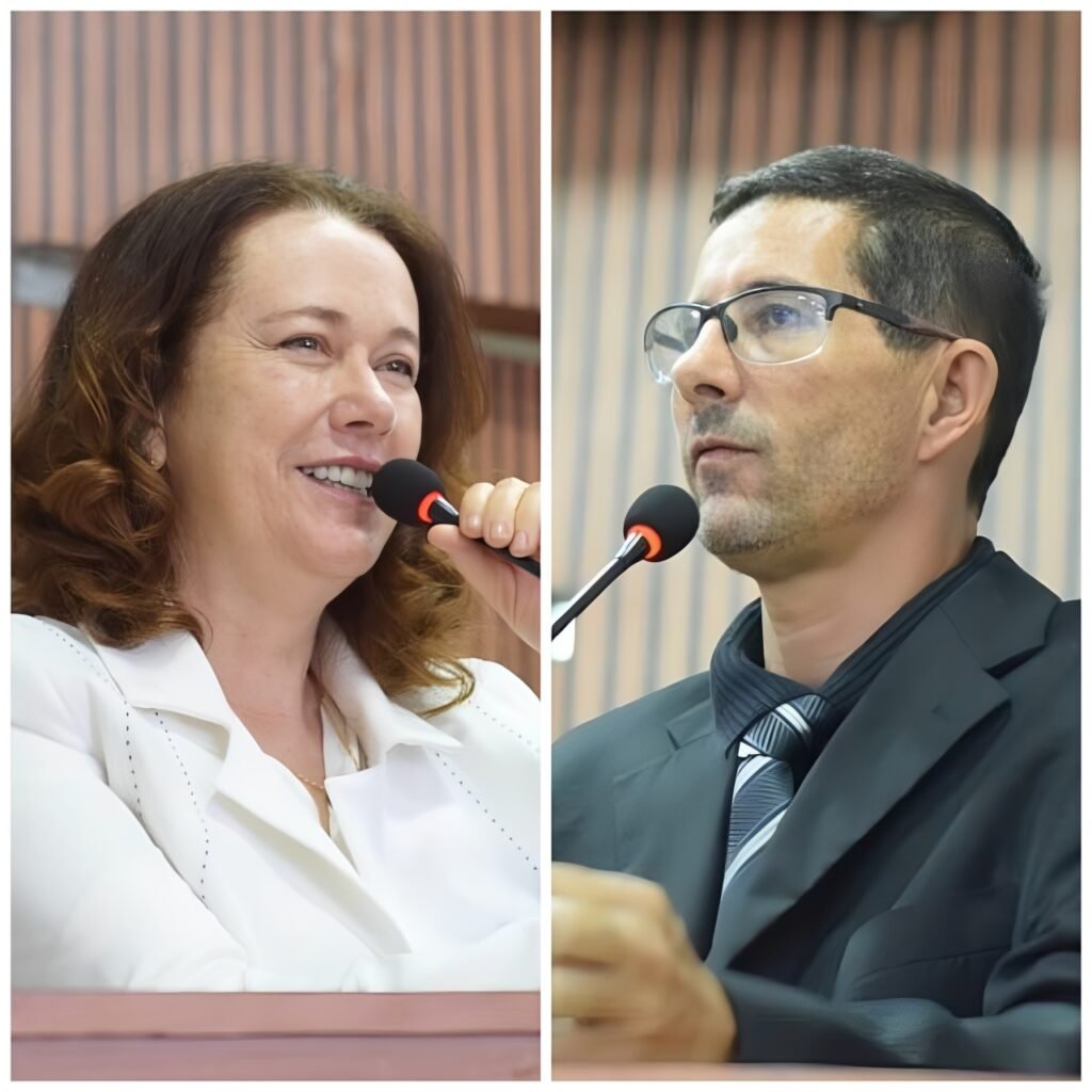 Montagem fotográfica mostrando, à esquerda, a vereadora Célia de Jaci e, à direita, o vereador Ninho Mototáxi em discurso na tribuna da Câmara de Chã Grande. A imagem ilustra os dois parlamentares protagonistas da movimentação política na Casa Paulo Viana de Queiroz.