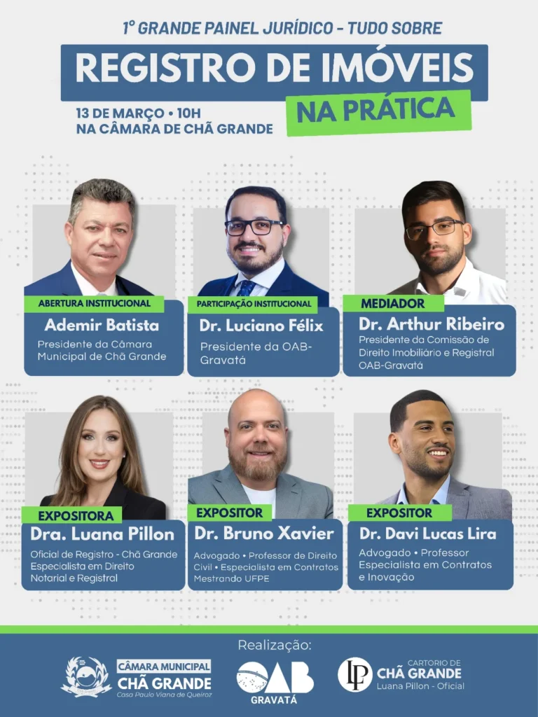 Card divulgado nas redes sociais anuncia painel jurídico sobre registro de imóveis em Chã Grande com programação do evento