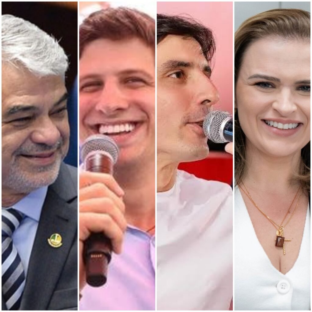 Imagem dividida em quatro partes mostra os rostos do Senador Humberto, do Prefeito João Campos, de Carlos Costa, irmão de Silvio Costa Filho e de Marília Arraes, ilustrando formação da chapa da Frente Popular para o Governo de Pernambuco nas eleições 2026.
