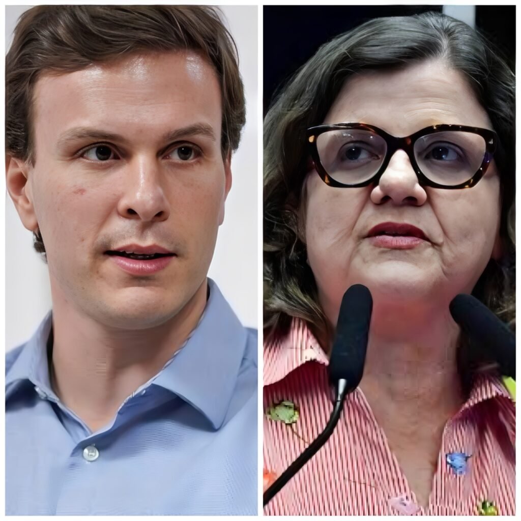 Montagem com imagem dividida horizontalmente mostra Miguel Coelho e Teresa Leitão em lados opostos com expressões tensas após troca de críticas sobre Lula