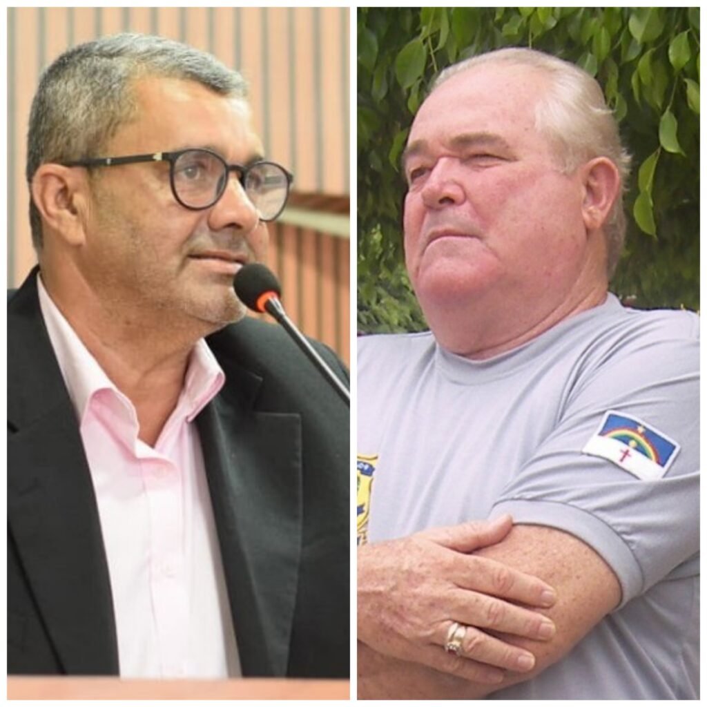 Montagem mostra o vereador Nanato na tribuna da Câmara de Chã Grande e o delegado aposentado Paulo Lapenda, indicado para receber o título de Comendador