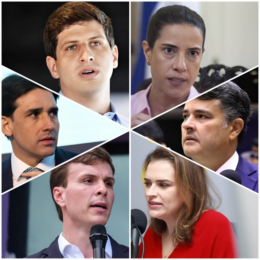 Montagem em mosaico com os rostos de Silvio Costa Filho, Marília Arraes, Raquel Lyra, João Campos, Miguel Coelho e Eduardo da Fonte ilustrando análise sobre articulações políticas em Pernambuco