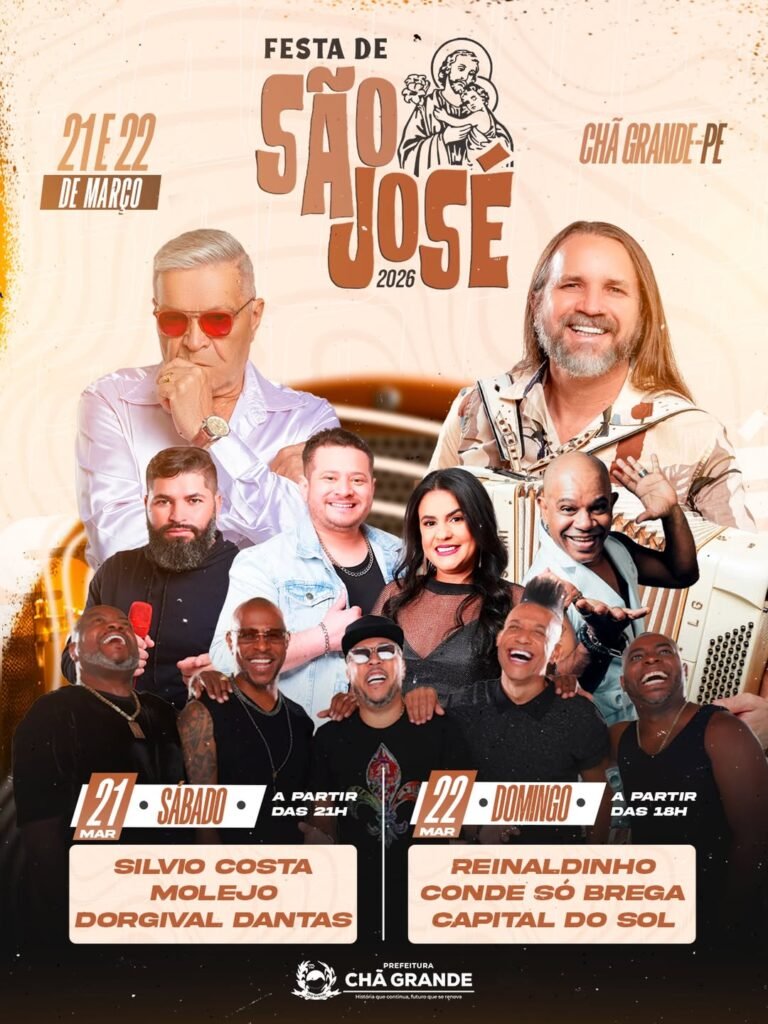 Programação oficial da Festa de São José 2026 em Chã Grande com shows de Dorgival Dantas, Molejo, Conde Só Brega e Capital do Sol na Avenida São José.
