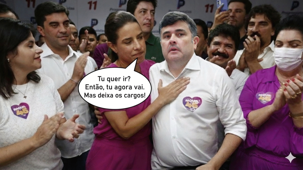 Imagem humorística editada com IA mostra Raquel Lyra e Eduardo da Fonte em cena fictícia com aliados ao redor durante crise política em Pernambuco