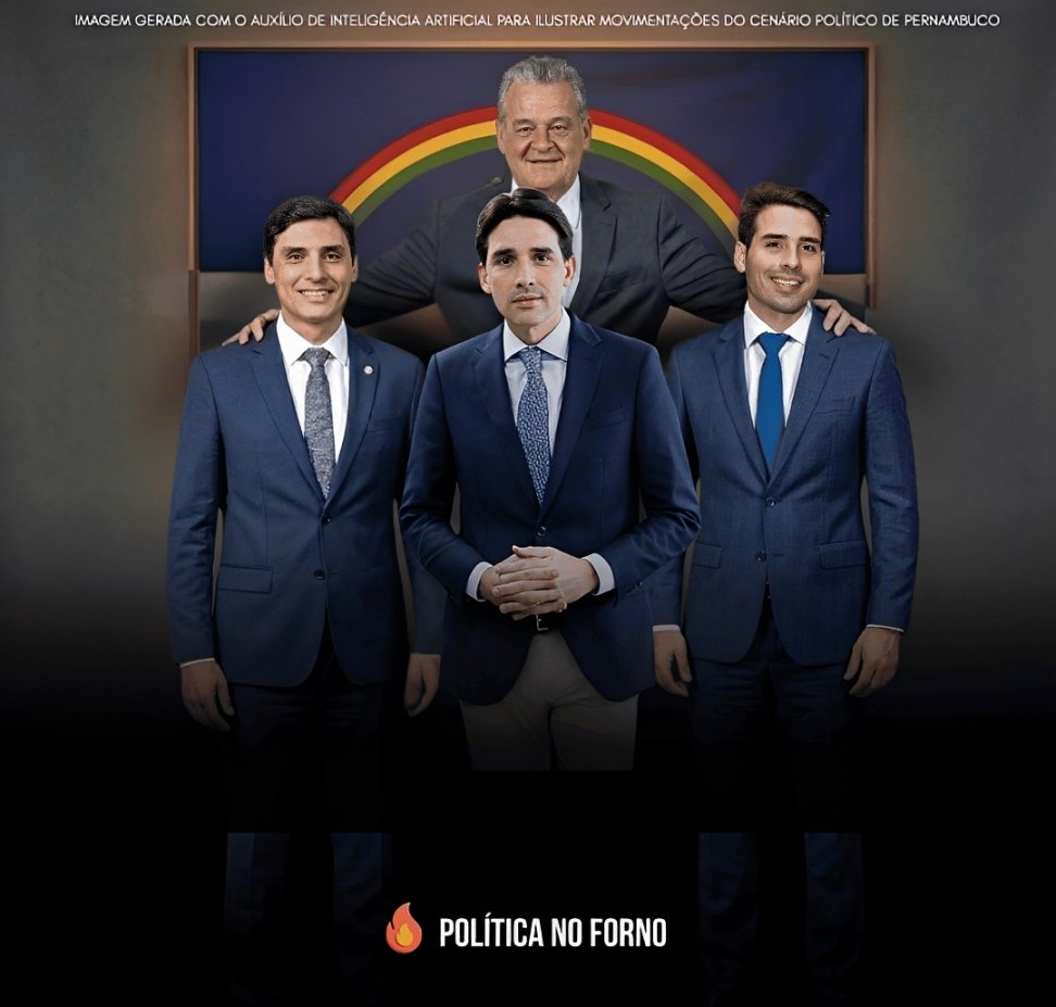 Representação realista gerada por inteligência artificial mostra Silvio Costa ao centro, como líder político, com seus três filhos ao fundo e a bandeira de Pernambuco, simbolizando força e expansão do grupo no estado