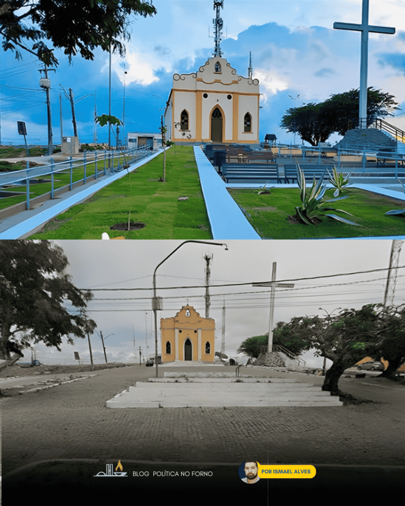 Montagem mostra antes e depois da revitalização do Alto do Cruzeiro em Gravatá, com contraste entre abandono e nova estrutura