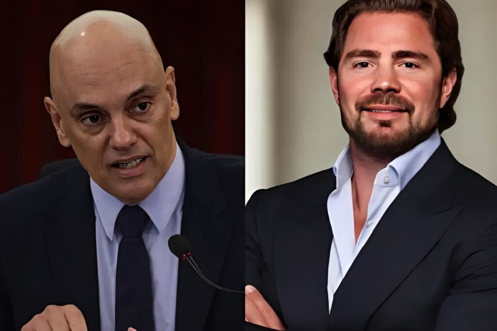 Imagem dividida horizontalmente com retratos de Alexandre de Moraes e Daniel Vorcaro, usada para ilustrar matéria sobre mensagens que mencionam possível encontro entre os dois