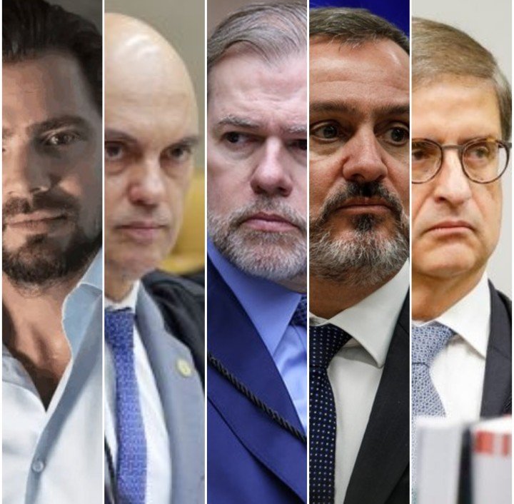 Montagem com rostos de Daniel Vorcaro, Alexandre de Moraes, Dias Toffoli, Andrei Rodrigues e Paulo Gonet citados na degustação de whisky Macallan em Londres
