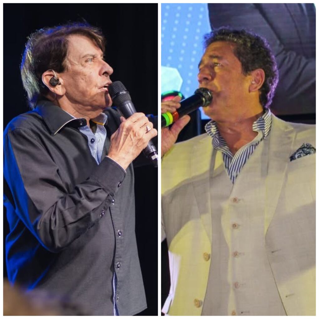 Montagem com Adilson Ramos e Altemar Dutra Júnior cantando ao microfone em apresentações ao vivo, artistas que se apresentam no Alto do Cruzeiro durante a Semana Santa em Gravatá.