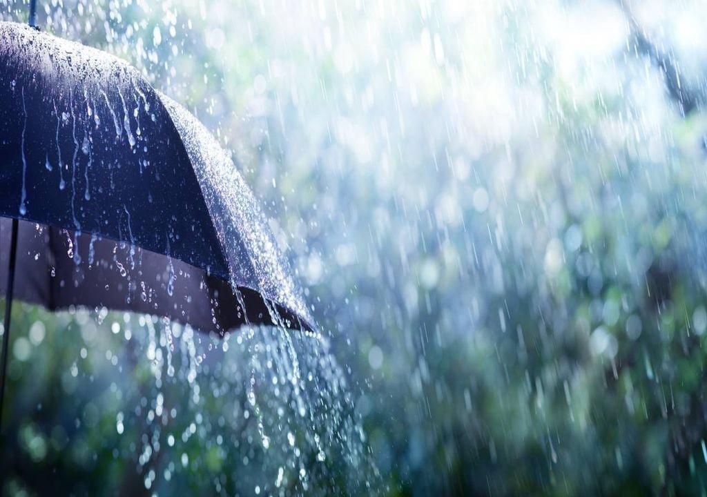 Fotografia artística em plano médio e foco seletivo de uma chuva intensa. Em destaque, à esquerda, parte de um guarda-chuva preto sob o qual escorrem grandes gotas de água. O restante da imagem mostra uma cortina de chuva densa caindo sobre um fundo verde de árvores completamente desfocado (bokeh), criando uma atmosfera de clima úmido e nublado. A luz é fria e azulada, reforçando a sensação de tempestade.