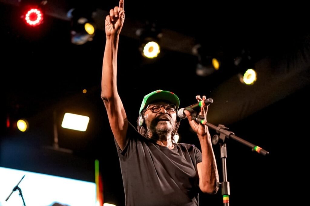Cantor Edson Gomes em performance ao vivo no palco, com braço direito erguido em gesto de saudação e segurando o microfone com a mão esquerda. O artista usa boné verde com detalhes em vermelho e amarelo, óculos de grau e camiseta preta, em um cenário de show com iluminação cênica ao fundo.