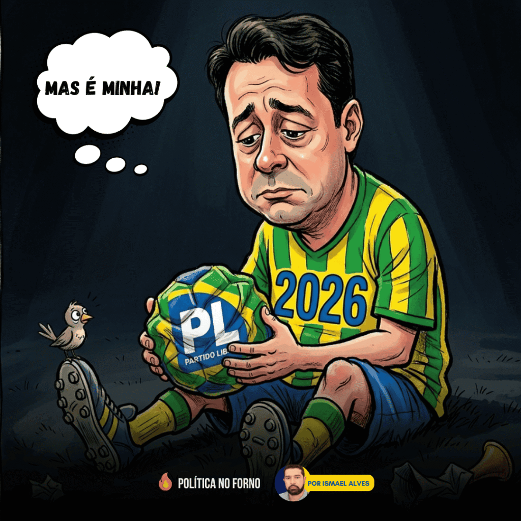 Charge que ilustra Anderson Ferreira, presidente do PL em Pernambuco, mostra um homem abatido vestindo camisa verde e amarela com “2026”, sentado no chão e segurando uma bola murcha com o símbolo do PL, enquanto um pequeno pássaro observa ao lado.