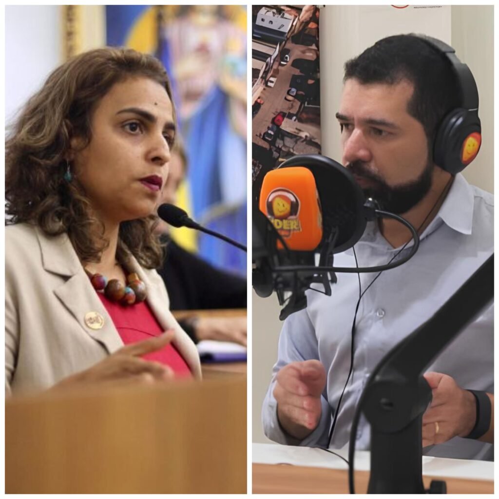 Vereadora Eugênia Lima discursando na Câmara de Olinda ao lado de Ismael Alves durante entrevista no programa Panorama Político na Rádio Líder FM