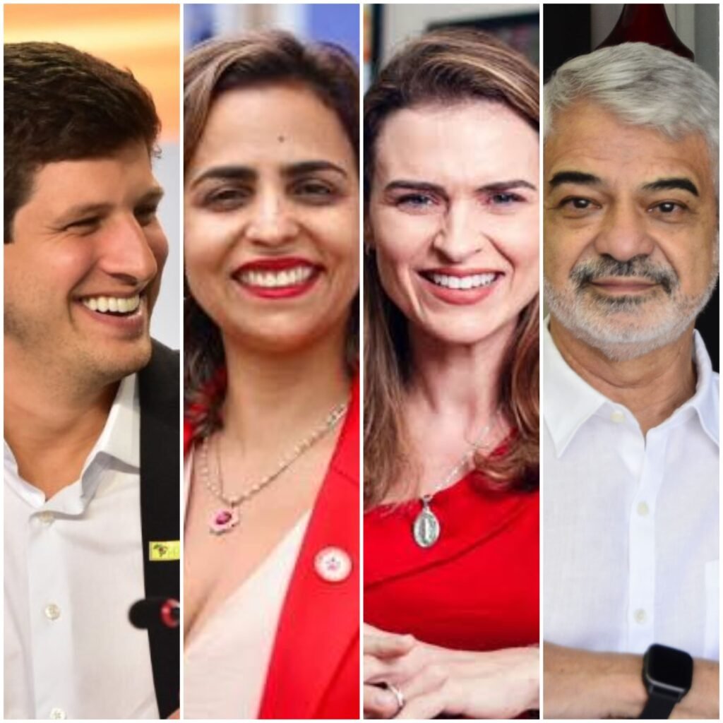 João Campos, Eugênia Lima, Marília Arraes e Humberto Costa em montagem sobre homenagens da Câmara de Olinda durante solenidade no Legislativo municipal.