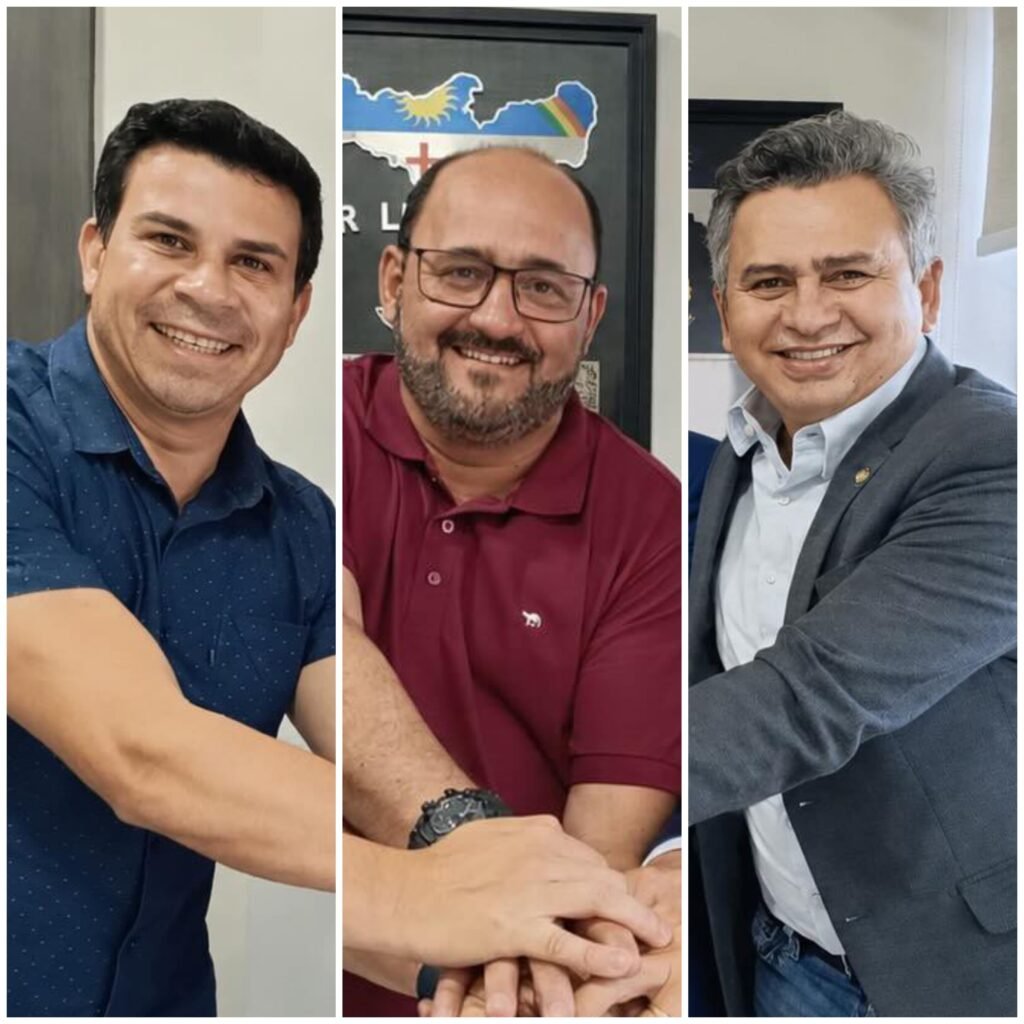 Montagem feita com IA mostrando um aperto de mãos simbólico entre Carlos Veras (à esquerda), Val Pessoa (ao centro) e Doriel Barros (à direita), ilustrando a articulação do Sindicato dos Trabalhadores Rurais de Gravatá nas eleições de 2026.