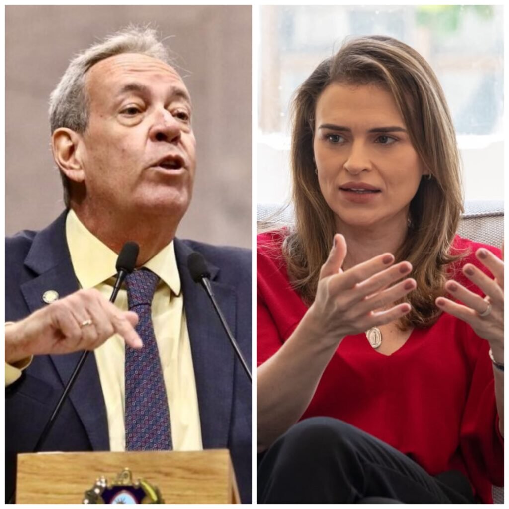 Montagem com fotos do presidente da Alepe, Álvaro Porto, discursando na tribuna, e da ex-deputada federal Marília Arraes durante entrevista. O rompimento político entre ambos ocorreu após a retirada do apoio de Porto à candidatura de Marília ao Senado nas eleições de 2026.