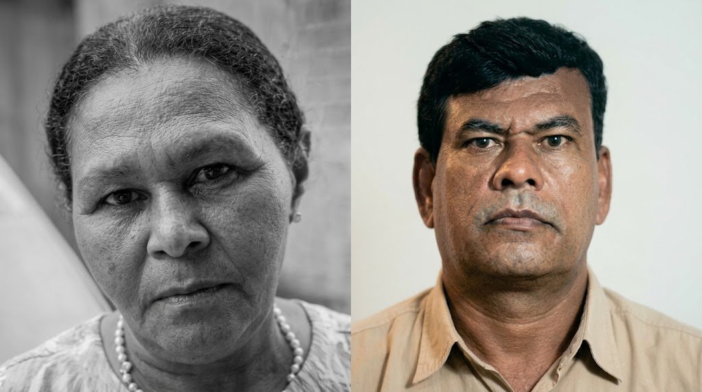 Uma montagem de duas fotos lado a lado. Na esquerda, uma foto em preto e branco do rosto de Amenaíde Maria da Silva, idosa de 70 anos. Na direita, uma foto colorida do rosto de Everaldo José da Silva, seu filho de 52 anos, olhando sério para a câmera.