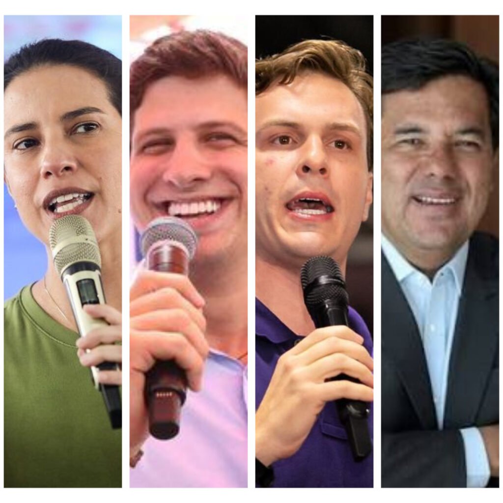 Colagem com fotos de Raquel Lyra, João Campos, Miguel Coelho e Mendonça Filho, lideranças políticas em Pernambuco.