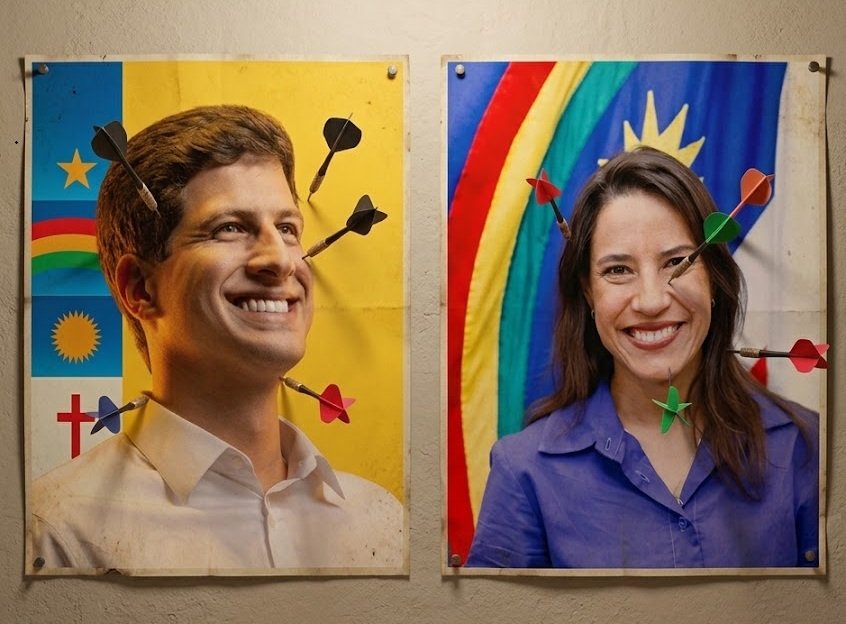 Cartazes com fotos de João Campos e Raquel Lyra fixados em uma parede e atingidos por vários dardos.