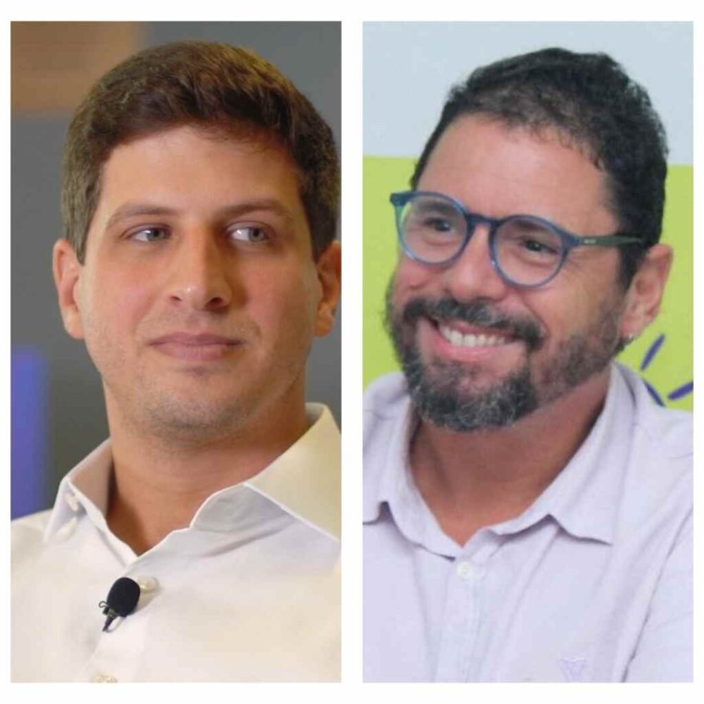 Montagem lado a lado com João Campos à esquerda, vestindo camisa branca, e Ivan Moraes à direita, sorrindo e usando óculos de armação azul.