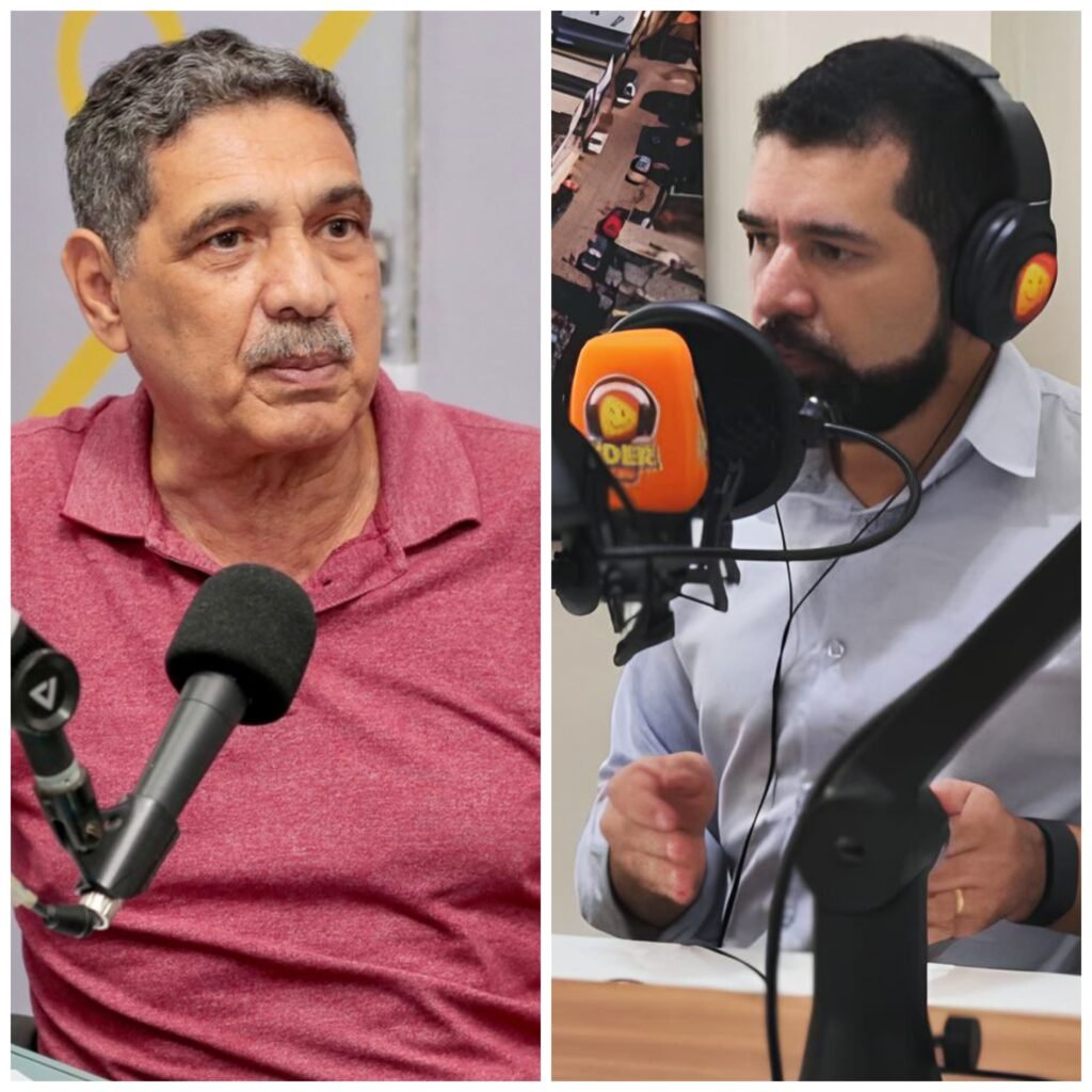 O deputado estadual João Paulo à esquerda e o radialista Ismael Alves à direita em entrevista no programa Panorama Político da Rádio Líder FM.