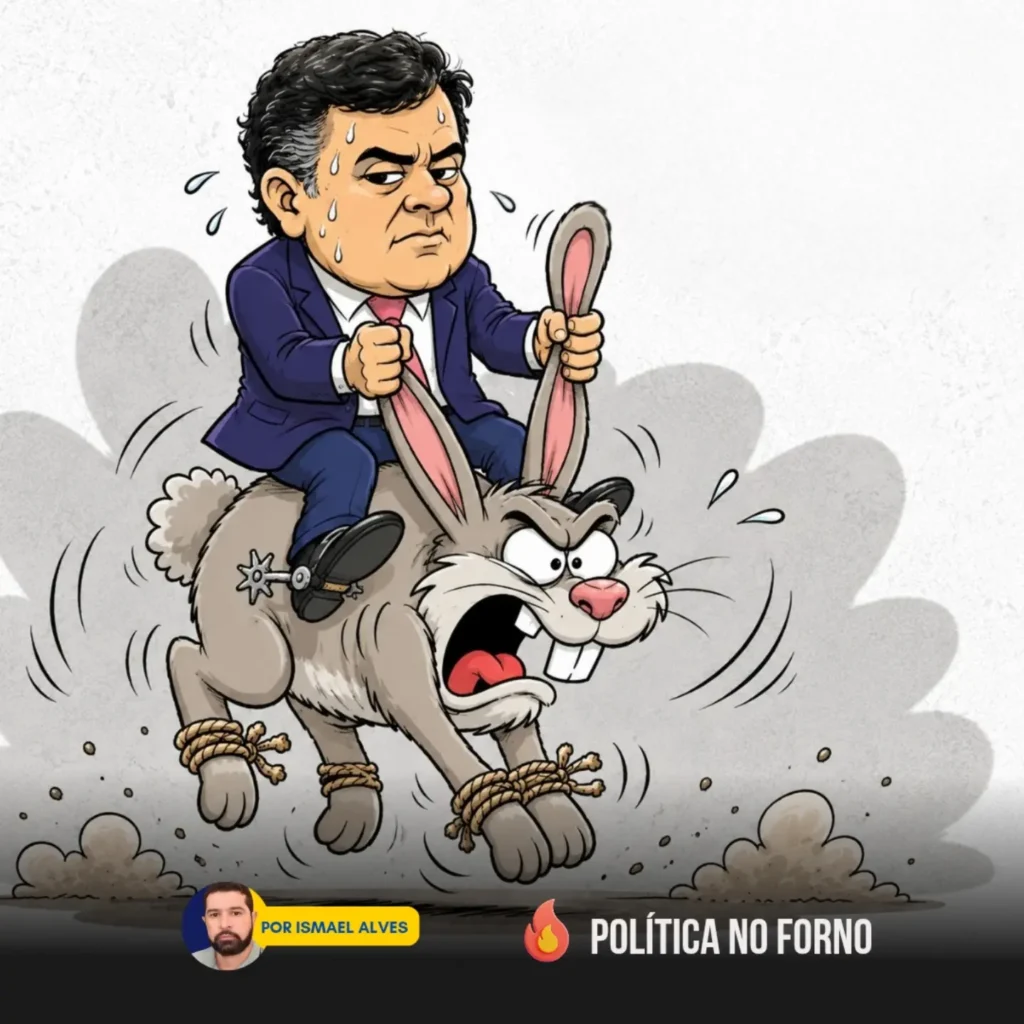 Charge política mostrando homem de terno segurando as orelhas de um coelho amarrado e desgovernado, em alusão à convenção do PP e União Brasil em PE.