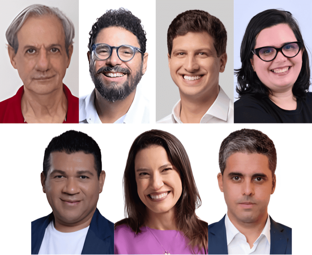 Montagem em duas fileiras com os fotos dos sete candidatos ao Governo de Pernambuco nas Eleições 2026. Na fileira superior, da esquerda para a direita: Guilherme Fonseca, Ivan Moraes, João Campos e Professora Camila. Na fileira inferior, da esquerda para a direita: Professor Jeremias do Banco, Raquel Lyra e Renan.