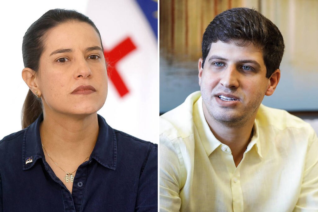 Fotografia dividida ao meio mostrando, à esquerda, a governadora de Pernambuco Raquel Lyra com camisa azul-marinho e expressão séria, e à esquerda, o político João Campos com camisa amarela clara e olhar direcionado para o lado.