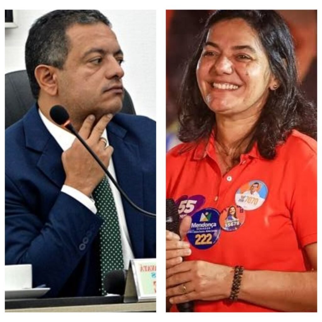 Foto dividida em duas partes mostrando à esquerda o candidato a deputado estadual Leo do Ar de terno e gravata verde, e à direita a candidata Viviane Facundes sorrindo com adesivos de campanha na camisa.