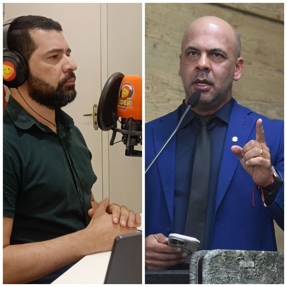 Montagem mostrando o radialista Ismael Alves com fones no estúdio da Líder FM à esquerda e o vereador Anderson Correia vestindo terno azul em discursiva à direita.