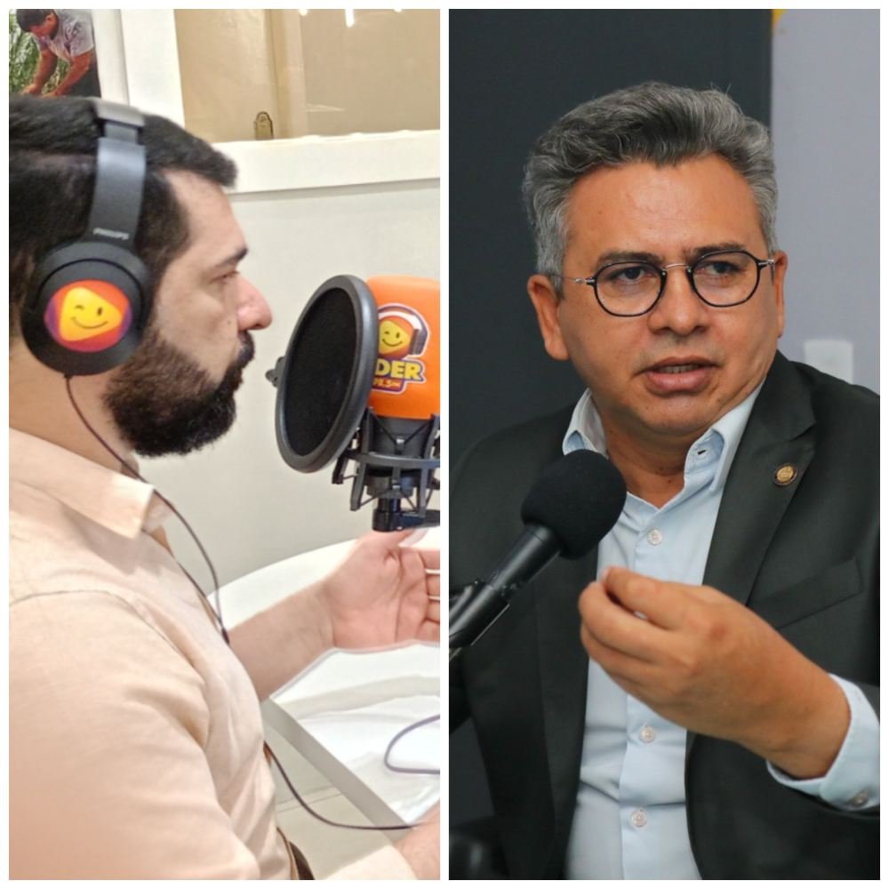 À esquerda, o radialista Ismael Alves fala ao microfone da Rádio Líder FM; à direita, o deputado estadual Doriel Barros concede entrevista.