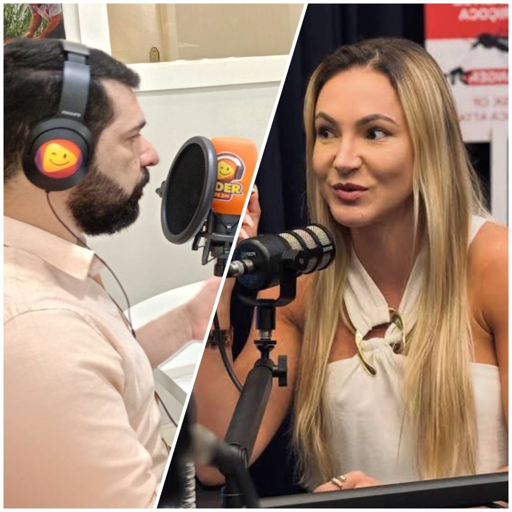 A delegada Natasha Dolci concede entrevista ao radialista Ismael Alves no programa Panorama Político da Rádio Líder FM.