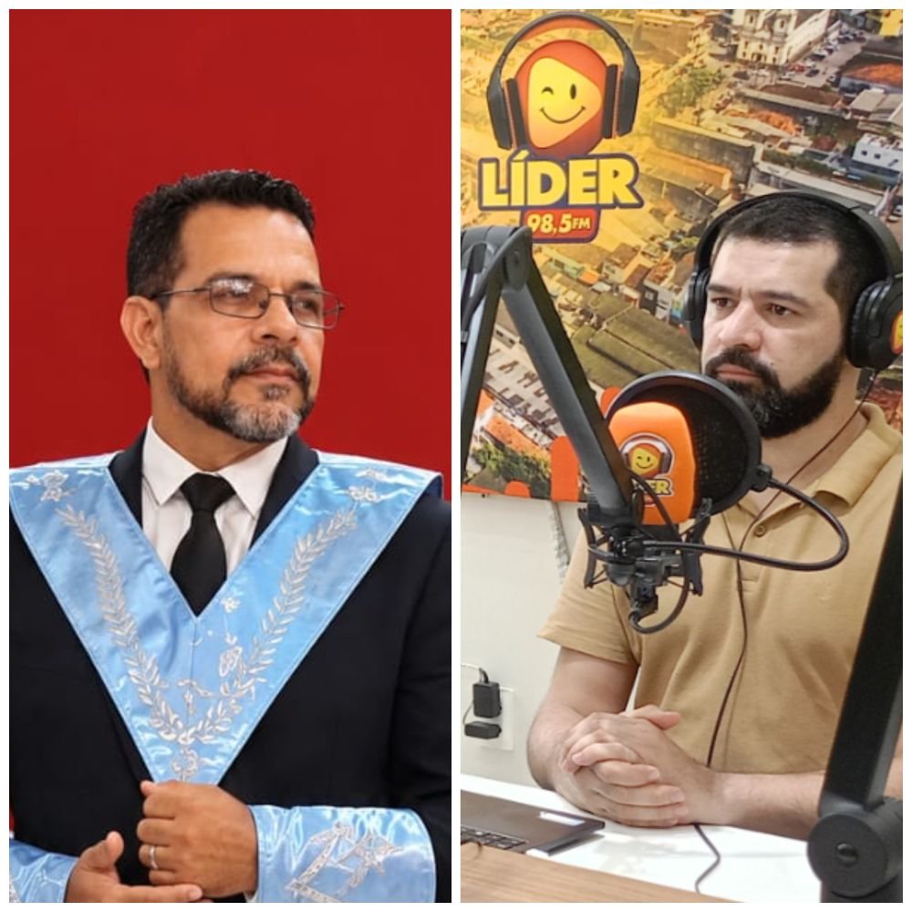 Montagem com o Venerável Mestre Carlos Lima à esquerda, vestindo traje maçônico, e o radialista Ismael Alves à direita no estúdio do programa Panorama Político na Rádio Líder FM.
